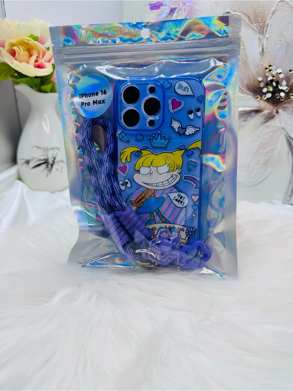 Y2K Angelica “Whatever” Cartoon iPhone 16 Pro Max Case with Wrist Strap